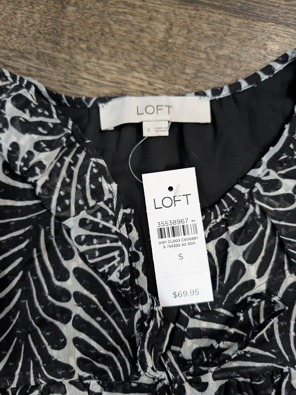 LOFT Black and White Ruffle Long-Sleeve Blouse - Picture 7 of 7
